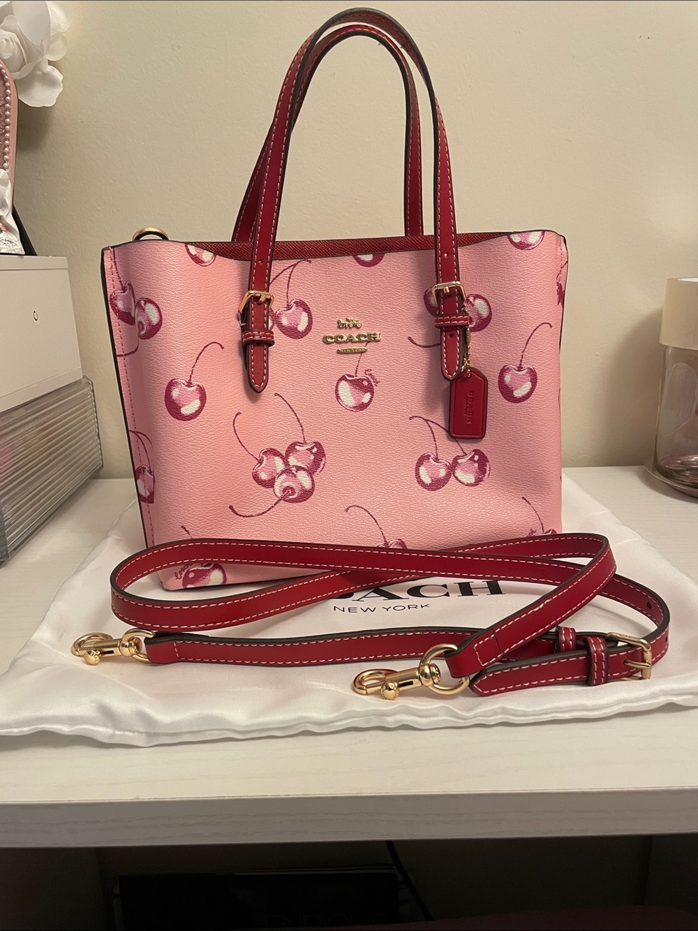 Coach Pink Cherry Print Leather Tote with Red Trim
